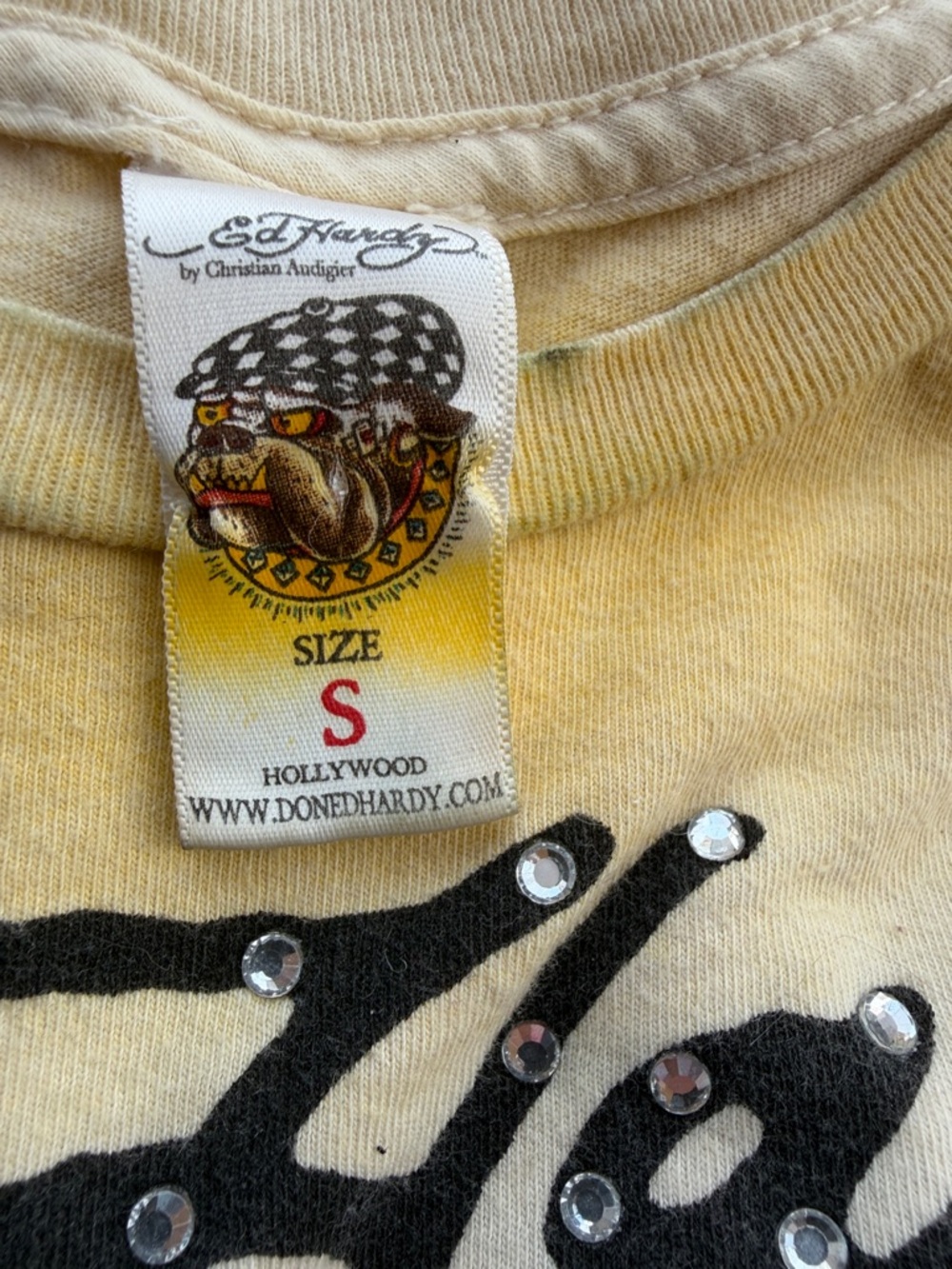 Ed Hardy Yellow Tee with Black Graphic and Rhinestones - Picture 4 of 11
